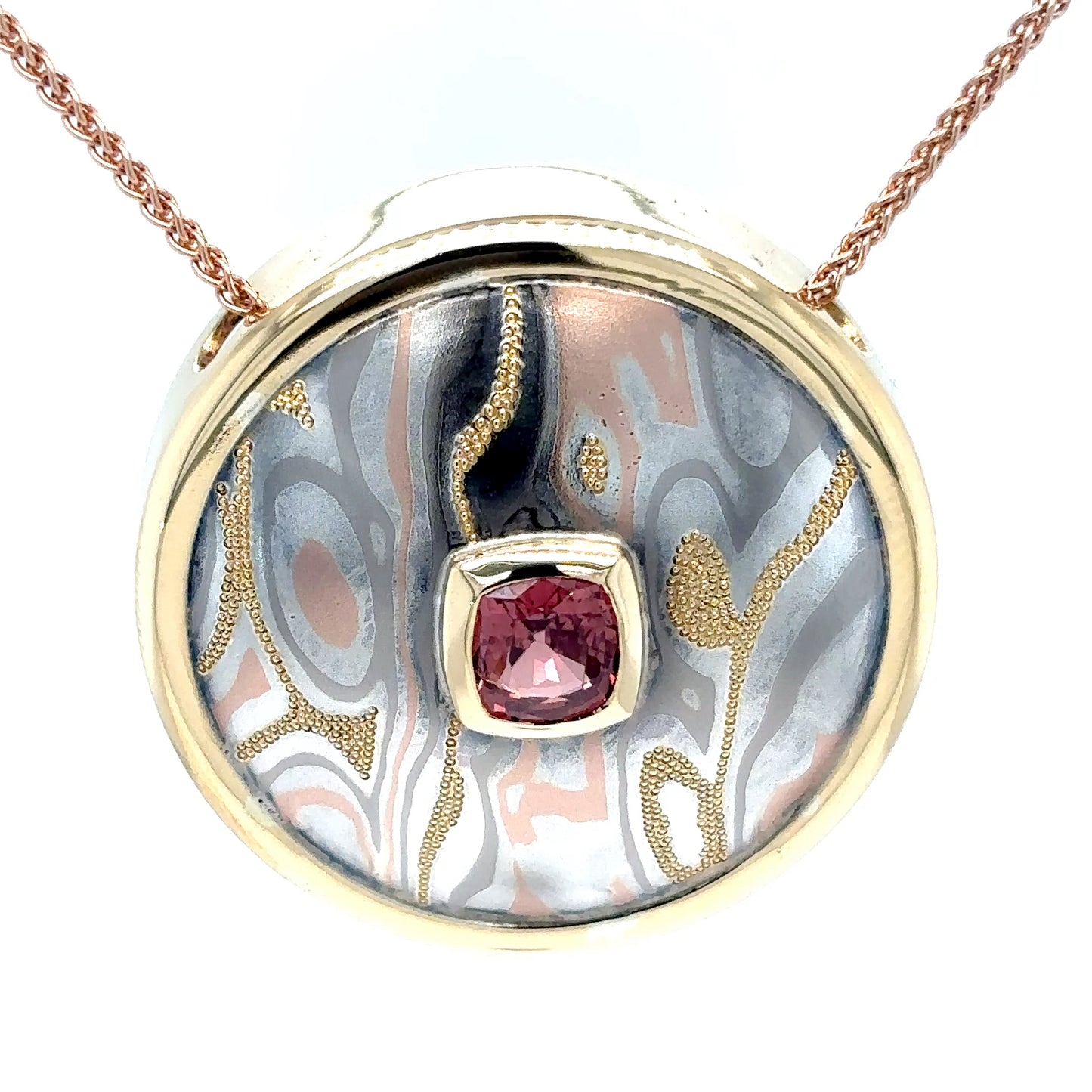 18KY 1.20CT CUSHION PADPARADSCHA SAPPHIRE MOKUME PENDANT 13.2G