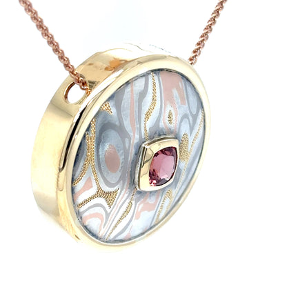 18KY 1.20CT CUSHION PADPARADSCHA SAPPHIRE MOKUME PENDANT 13.2G