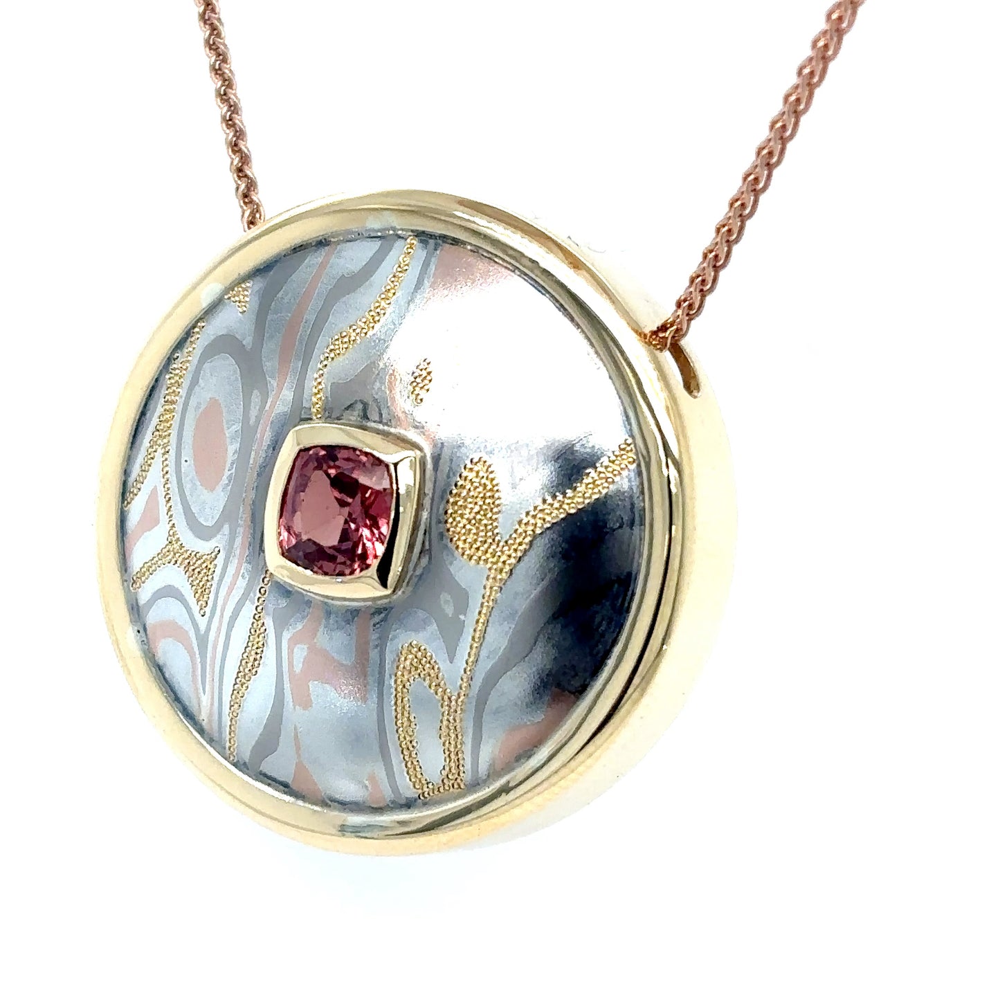 18KY 1.20CT CUSHION PADPARADSCHA SAPPHIRE MOKUME PENDANT 13.2G