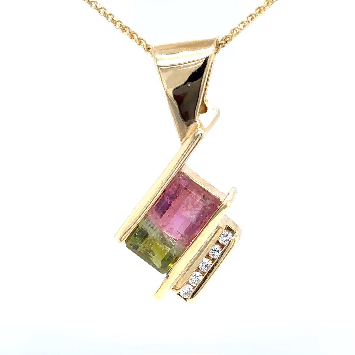 14KY 2.50CT WATERMELON TOURMALINE-0.10CTW DIAMOND PENDANT 7.3G