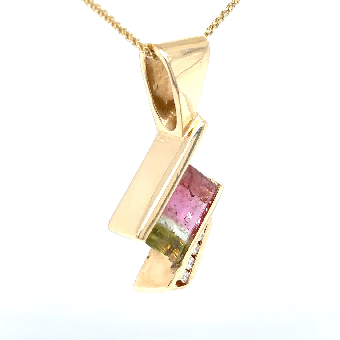 14KY 2.50CT WATERMELON TOURMALINE-0.10CTW DIAMOND PENDANT 7.3G