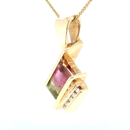 14KY 2.50CT WATERMELON TOURMALINE-0.10CTW DIAMOND PENDANT 7.3G