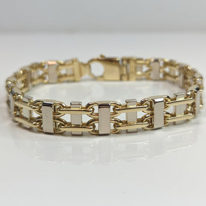 14KTT 9" 11MM FANCY LINK BRACELET 61.6G