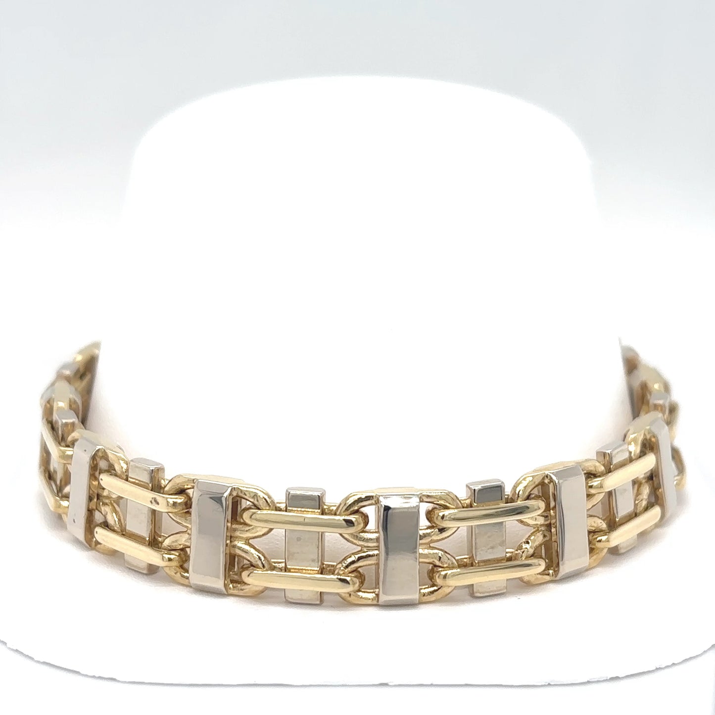 14KTT 9" 11MM FANCY LINK BRACELET 61.6G