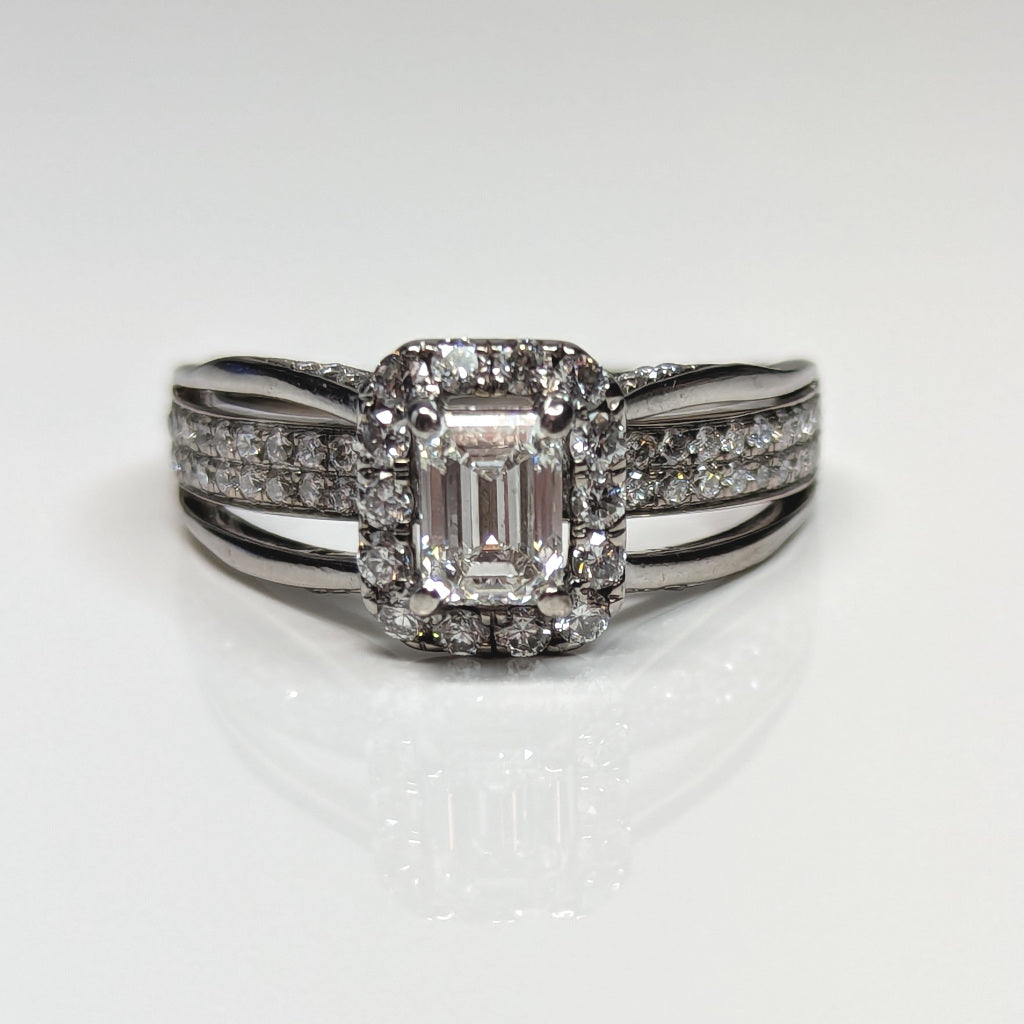 14KW 1.25CTW EMERALD CUT-ROUND DIAMOND HALO ENGAGEMENT RING VS/G-H 5.5G