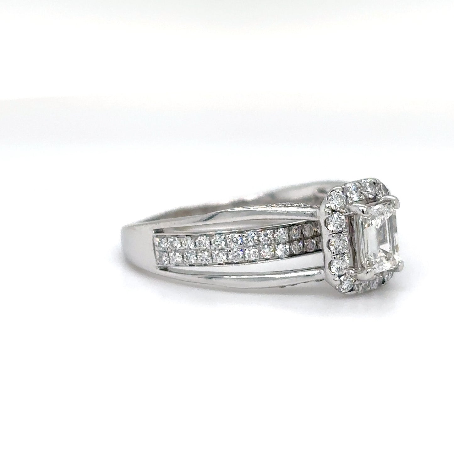 14KW 1.25CTW EMERALD CUT-ROUND DIAMOND HALO ENGAGEMENT RING VS/G-H 5.5G