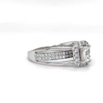 14KW 1.25CTW EMERALD CUT-ROUND DIAMOND HALO ENGAGEMENT RING VS/G-H 5.5G