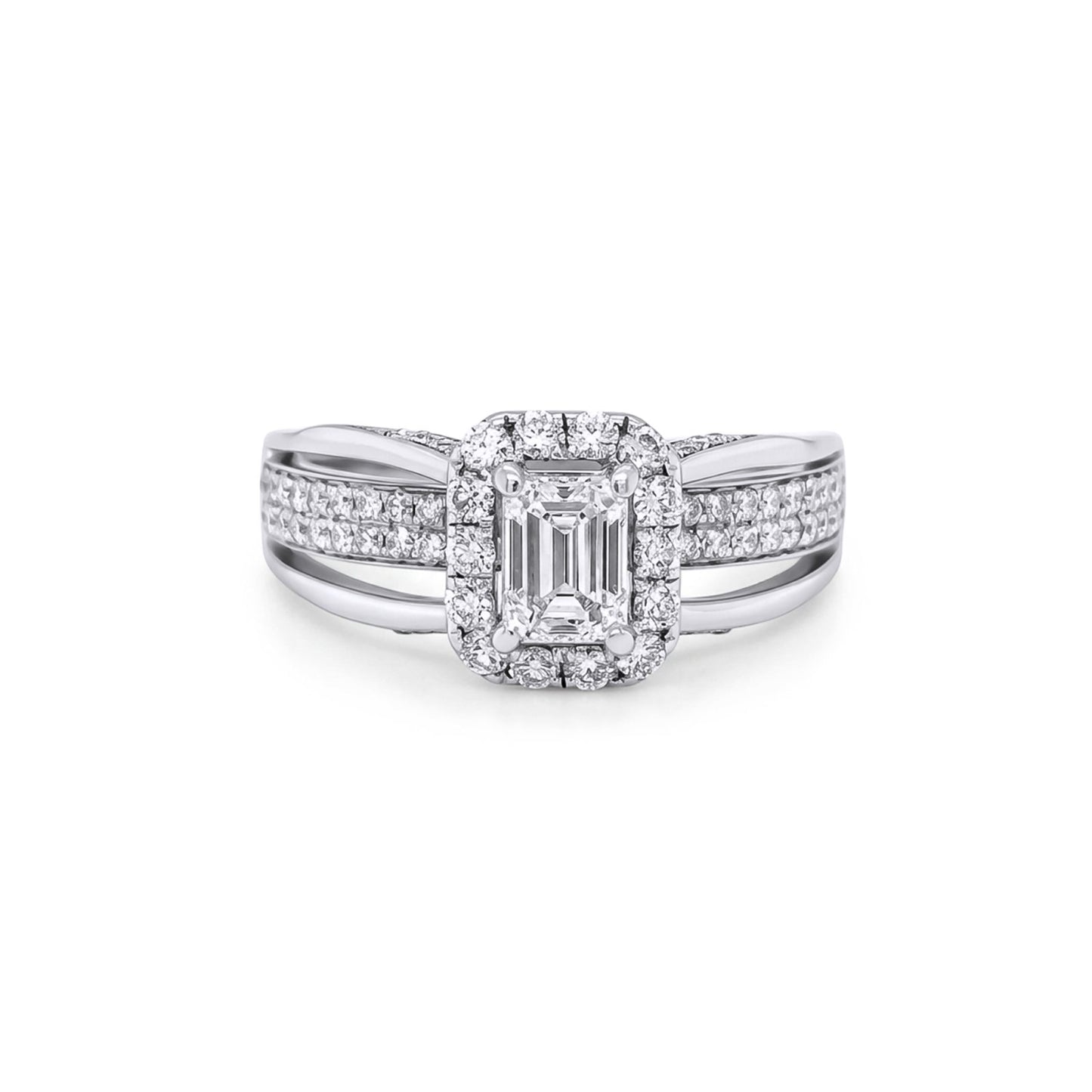 14KW 1.25CTW EMERALD CUT-ROUND DIAMOND HALO ENGAGEMENT RING VS/G-H 5.5G