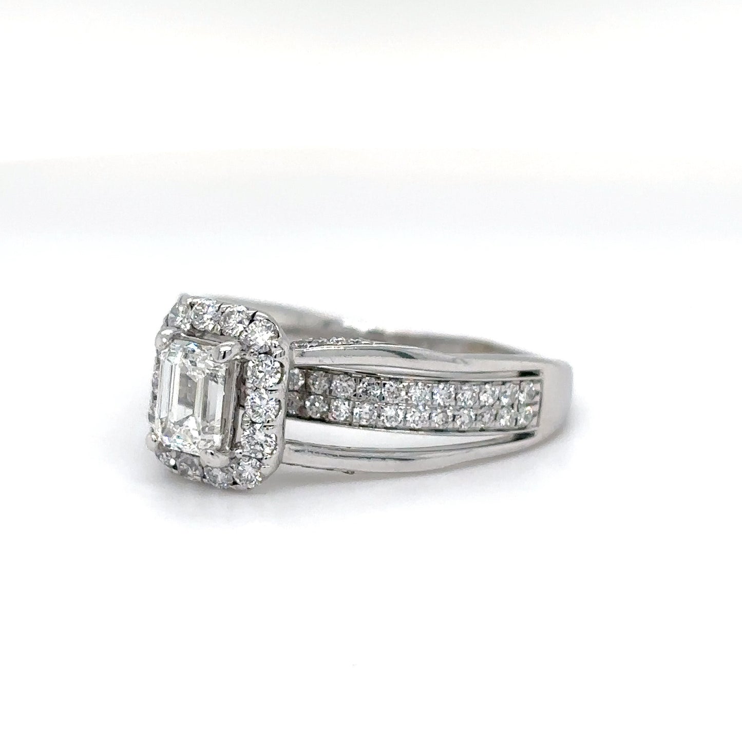 14KW 1.25CTW EMERALD CUT-ROUND DIAMOND HALO ENGAGEMENT RING VS/G-H 5.5G