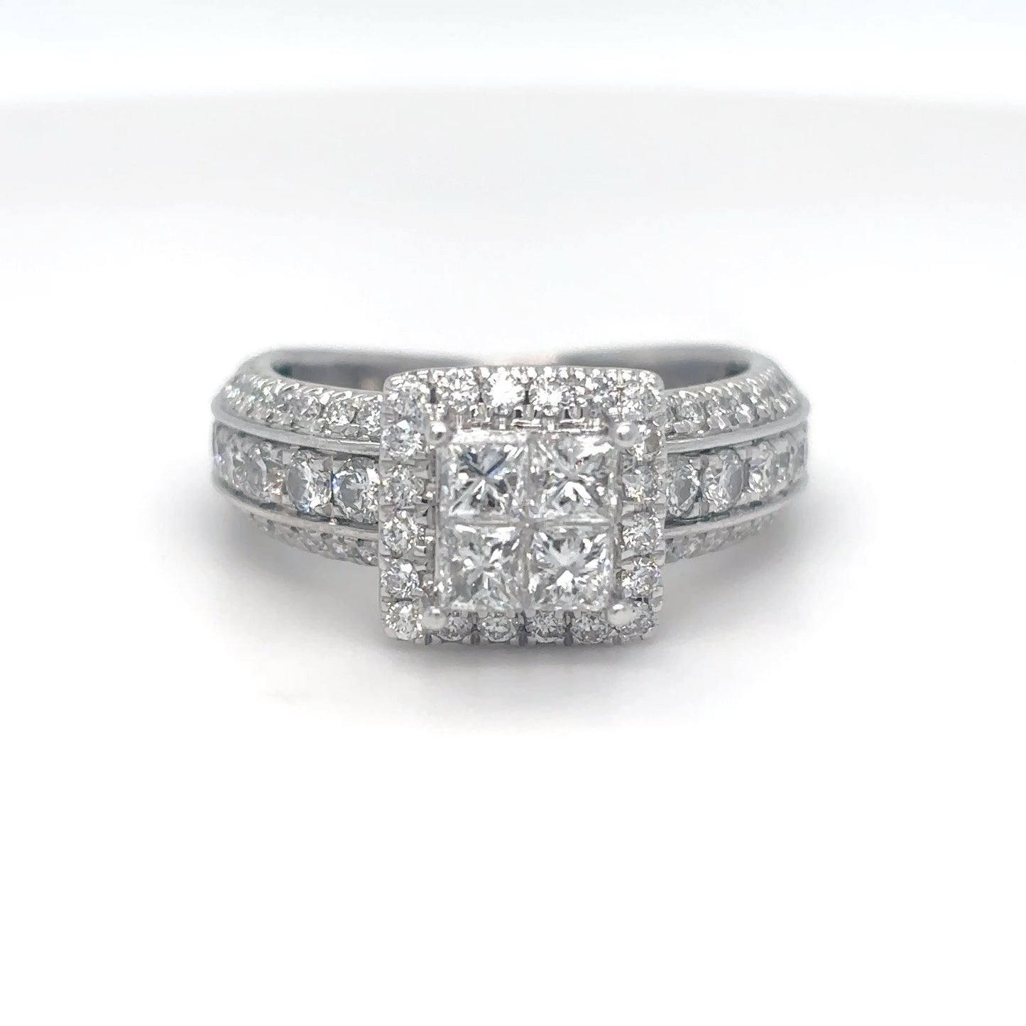 14KW 1.50CTW PRINCESS CUT-ROUND SQUARE HALO ENGAGEMENT RING SI1-2/H-I 6.7G