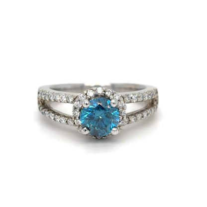 14KW 1.45CTW ENHANCED BLUE DIAMOND-WHITE DIAMOND HALO RING SI2-VS2/F-G 5.0G