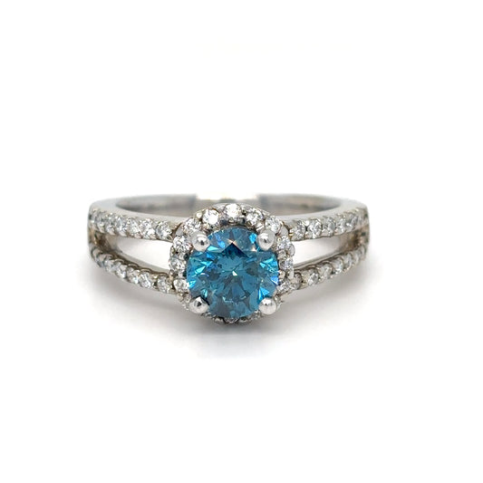 14KW 1.45CTW ENHANCED BLUE DIAMOND-WHITE DIAMOND HALO RING SI2-VS2/F-G 5.0G-Fine Jewelry in Bradenton &amp; Lakewood Ranch, Fl. | Michael &amp; Co. Jewelers
