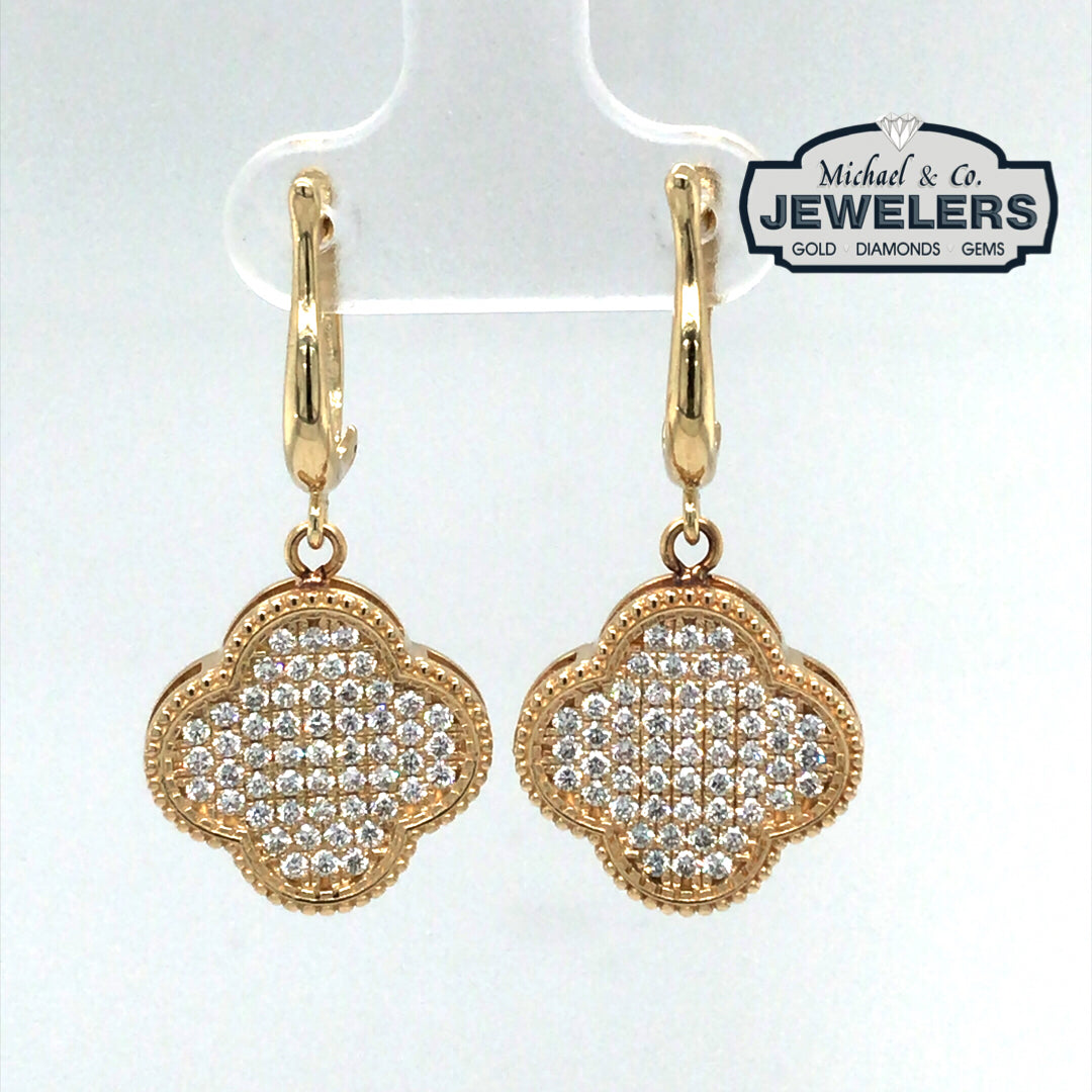 14KY 1.06CTW PAVE DIAMOND CLOVER DANGLE EARRINGS VS2/F-G 5.8G