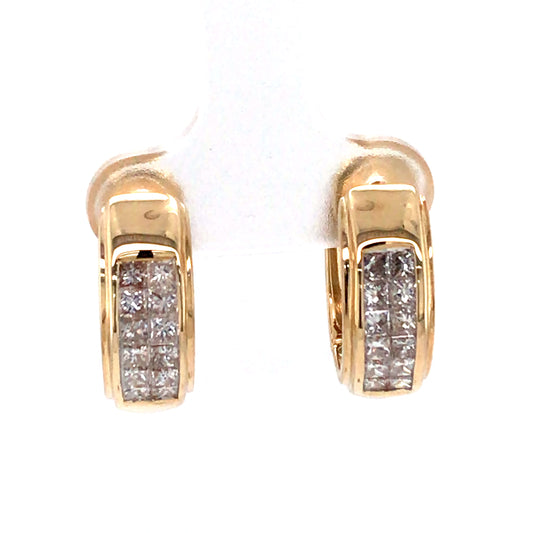 Gold hoop earrings with embedded diamonds on a white background
