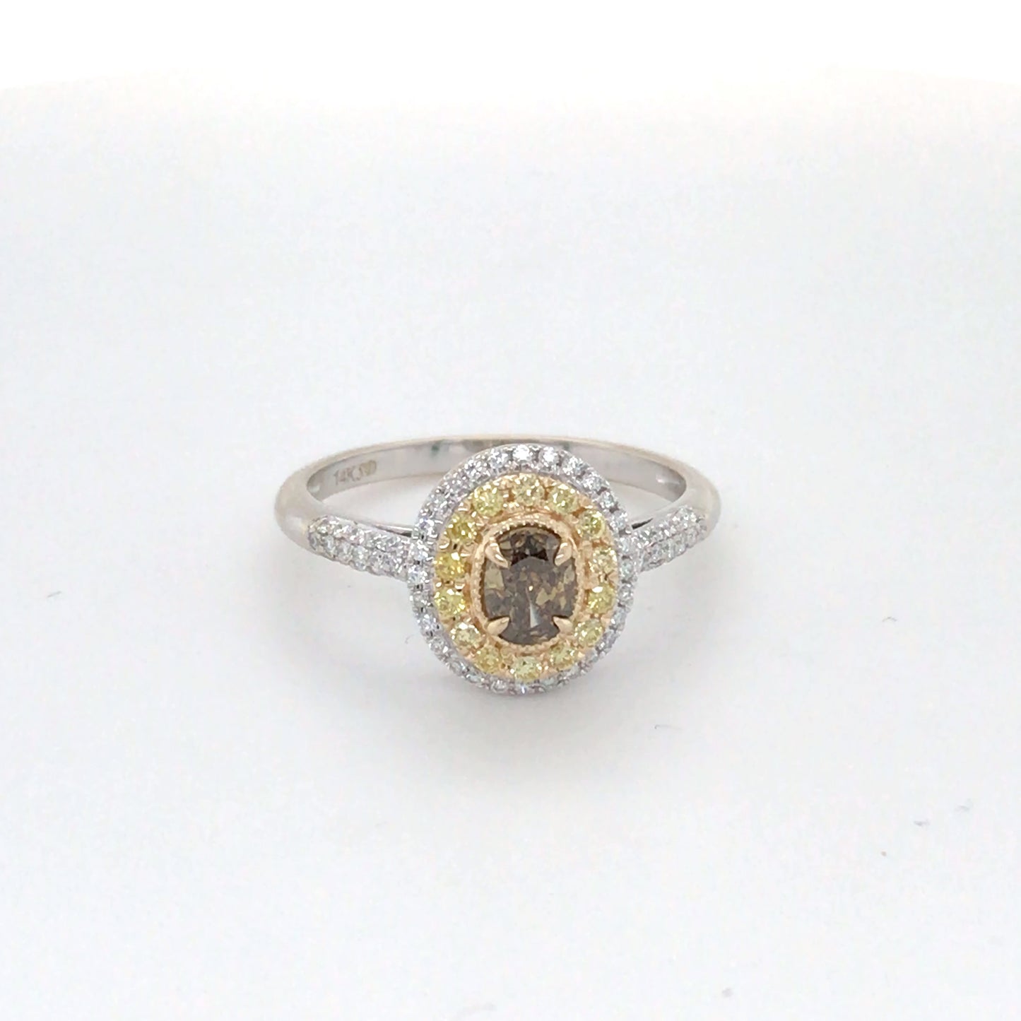 14KW 0.55CTW FANCY BROWNISH/YELLOW-YELLOW-WHITE DIAMOND HALO RING VS 2.6G