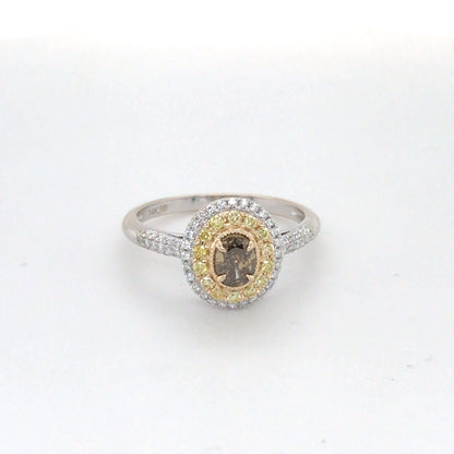 14KW 0.55CTW FANCY BROWNISH/YELLOW-YELLOW-WHITE DIAMOND HALO RING VS 2.6G