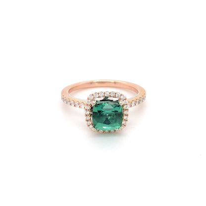 18KR 2.14CTW GREEN TOURMALINE-DIAMOND HALO RING VS/F-G 3.4G
