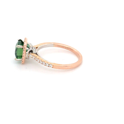 18KR 2.14CTW GREEN TOURMALINE-DIAMOND HALO RING VS/F-G 3.4G