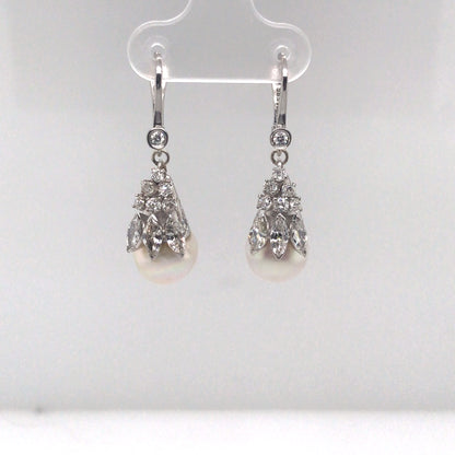 14KW 9.5MM SOUTH SEA PEARL-2.00CTW DIAMOND DANGLE EARRINGS "AA" VS/F-G 8.0G