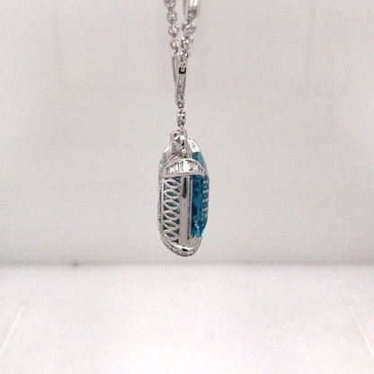 18KW 17" 24.61CT EMERALD CUT AQUAMARINE-3.66CTW BG/RBC DIAMOND PENDANT "AAA" VS2/G 24.0G