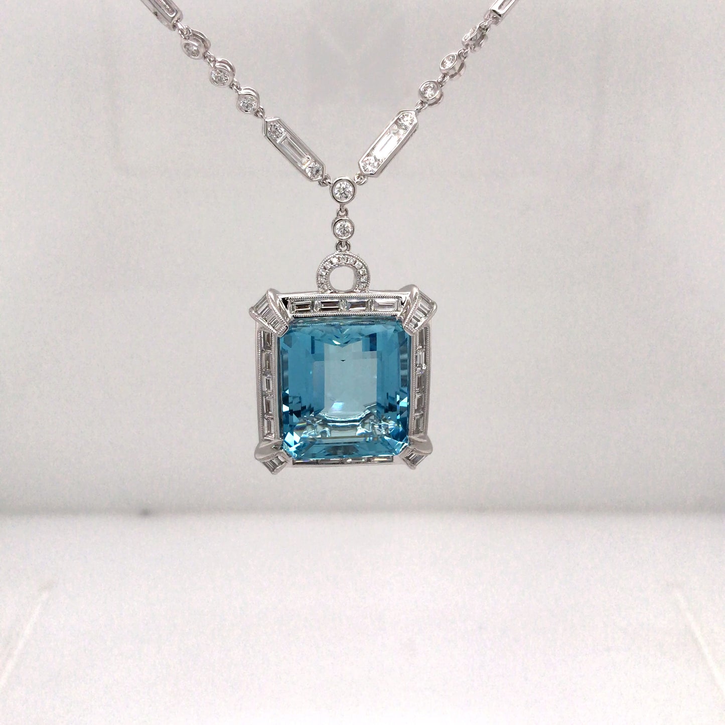 18KW 17" 24.61CT EMERALD CUT AQUAMARINE-3.66CTW BG/RBC DIAMOND PENDANT "AAA" VS2/G 24.0G