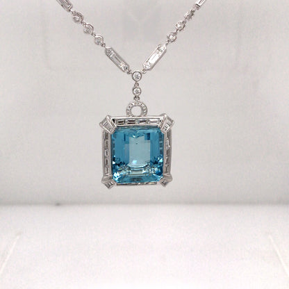 18KW 17" 24.61CT EMERALD CUT AQUAMARINE-3.66CTW BG/RBC DIAMOND PENDANT "AAA" VS2/G 24.0G