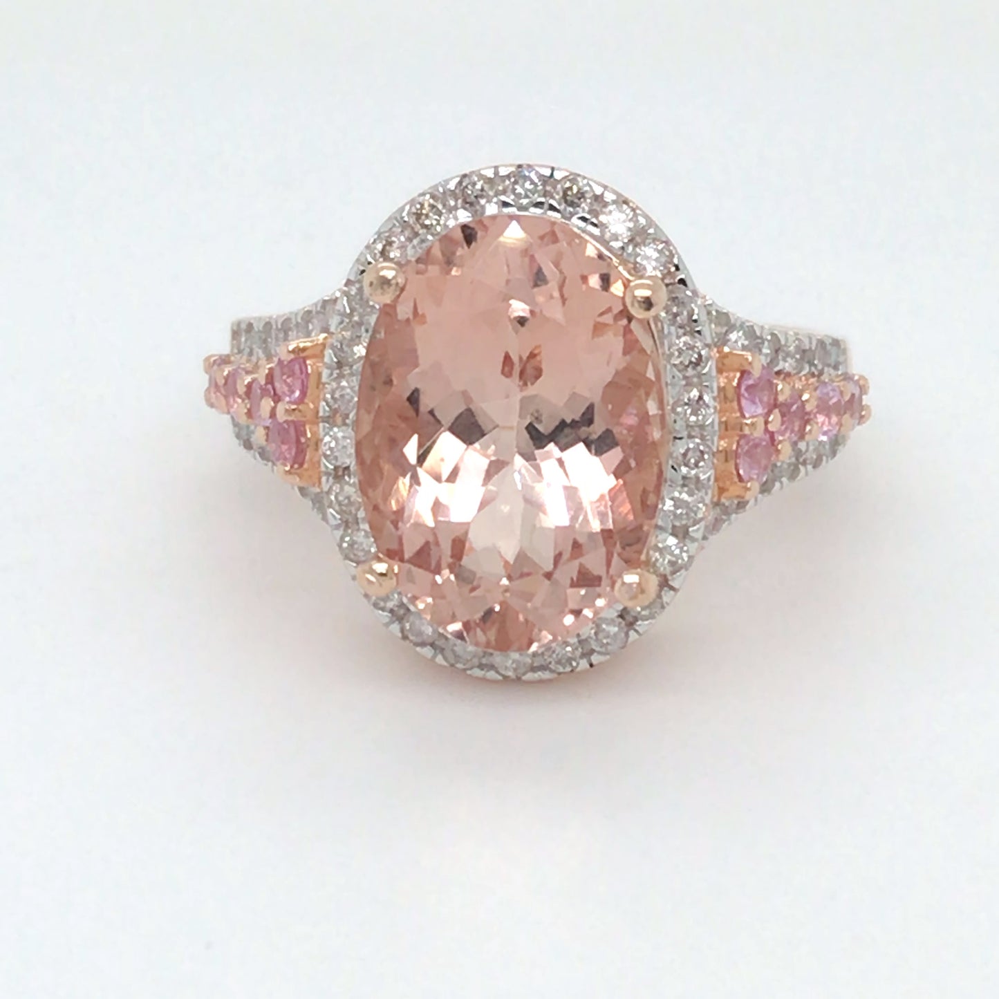 14KR 6.43CTW MORGANITE-DIAMOND-PINK SAPPHIRE RING 7.3G