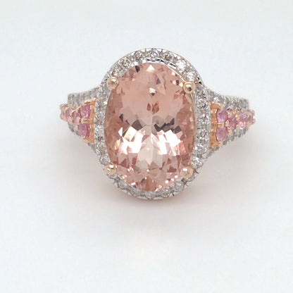 14KR 6.43CTW MORGANITE-DIAMOND-PINK SAPPHIRE RING 7.3G