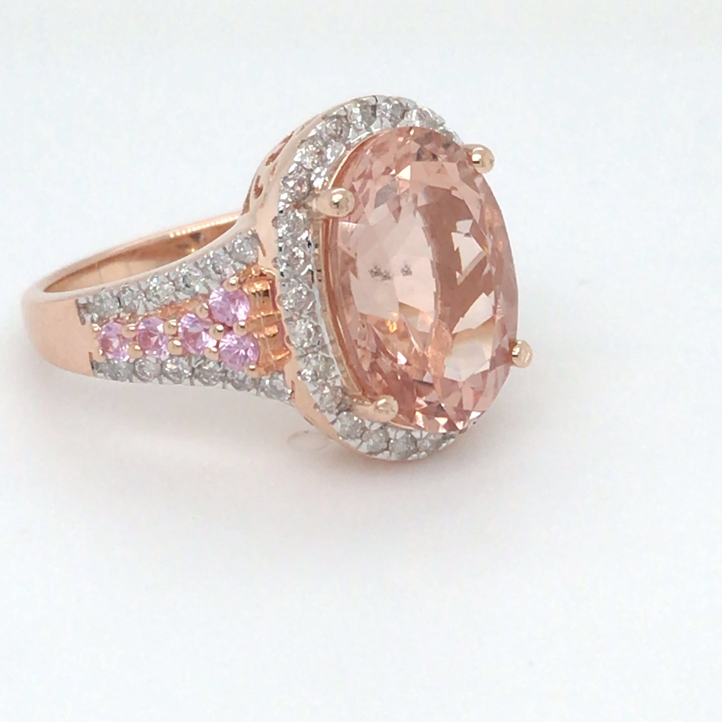 14KR 6.43CTW MORGANITE-DIAMOND-PINK SAPPHIRE RING 7.3G