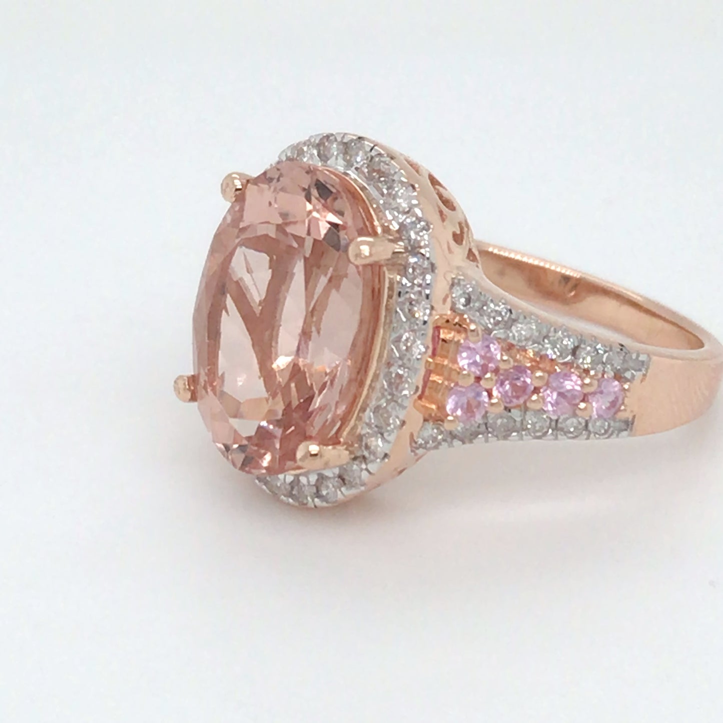 14KR 6.43CTW MORGANITE-DIAMOND-PINK SAPPHIRE RING 7.3G