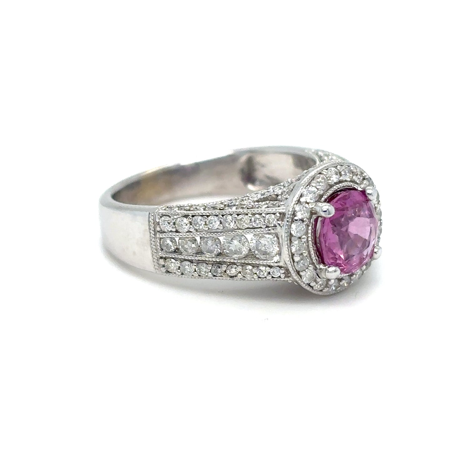 14KW 2.48CTW PINK SAPPHIRE-DIAMOND HALO RING "AA" I1-2/G-H 6.8G