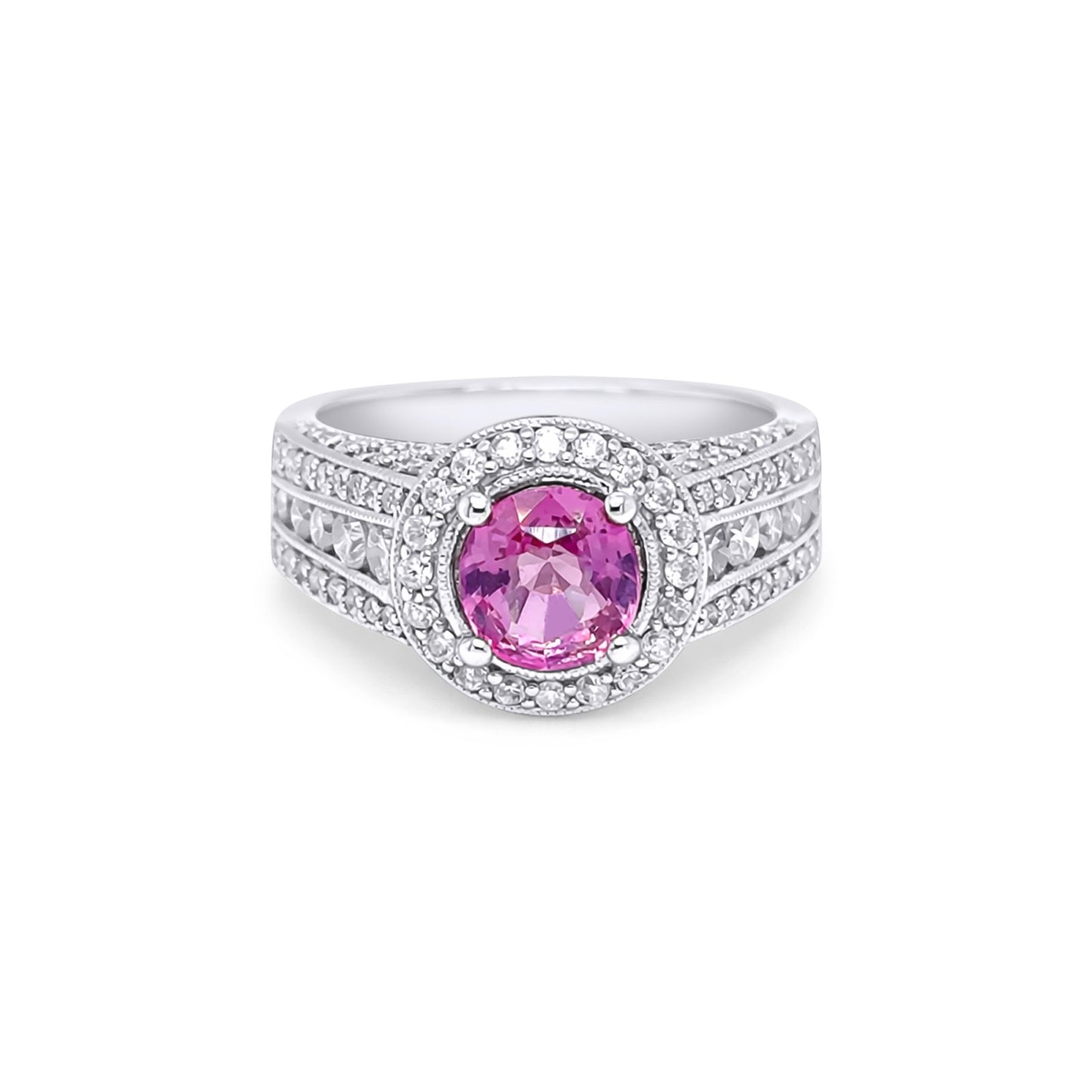 14KW 2.48CTW PINK SAPPHIRE-DIAMOND HALO RING "AA" I1-2/G-H 6.8G