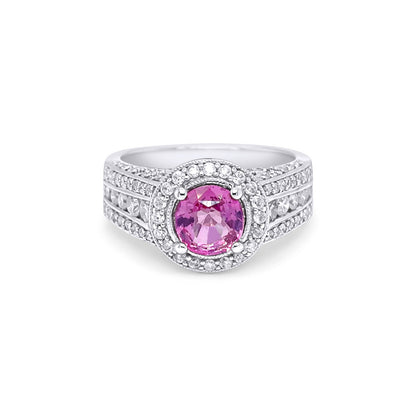 14KW 2.48CTW PINK SAPPHIRE-DIAMOND HALO RING "AA" I1-2/G-H 6.8G
