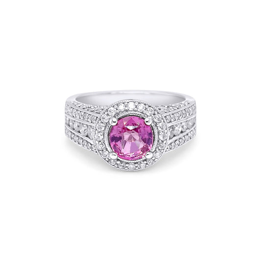 14KW 2.48CTW PINK SAPPHIRE-DIAMOND HALO RING "AA" I1-2/G-H 6.8G-Fine Jewelry in Bradenton &amp; Lakewood Ranch, Fl. | Michael &amp; Co. Jewelers