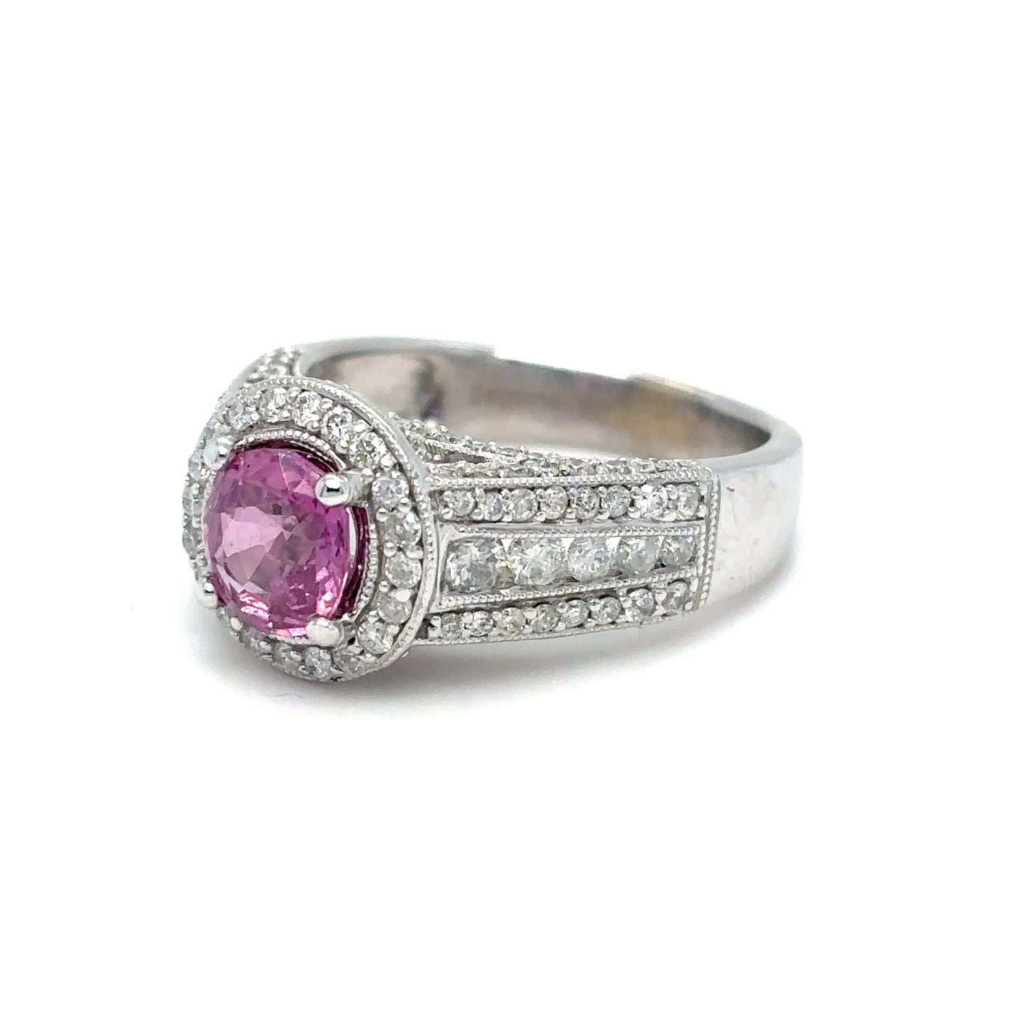 14KW 2.48CTW PINK SAPPHIRE-DIAMOND HALO RING "AA" I1-2/G-H 6.8G