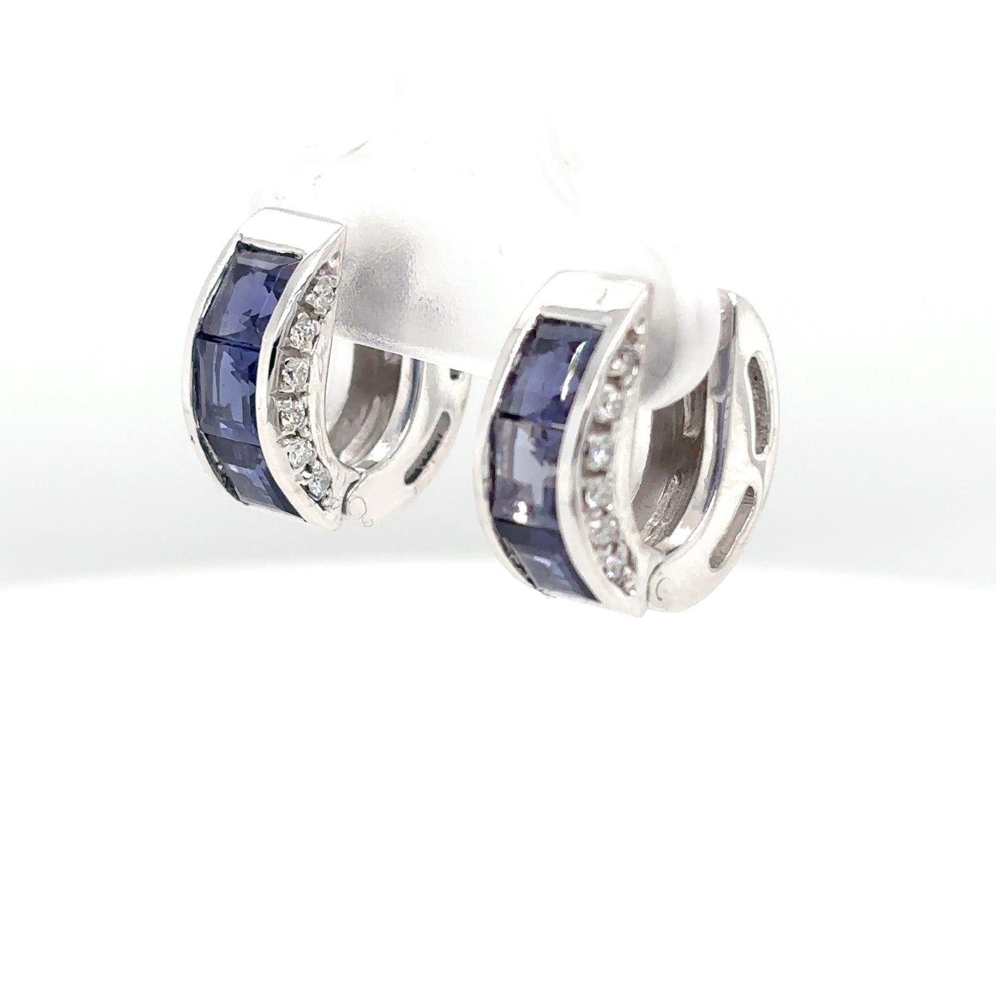 18KW 2.82CTW IOLITE-DIAMOND HOOP EARRINGS "AAA" SI/G-H 6.9G