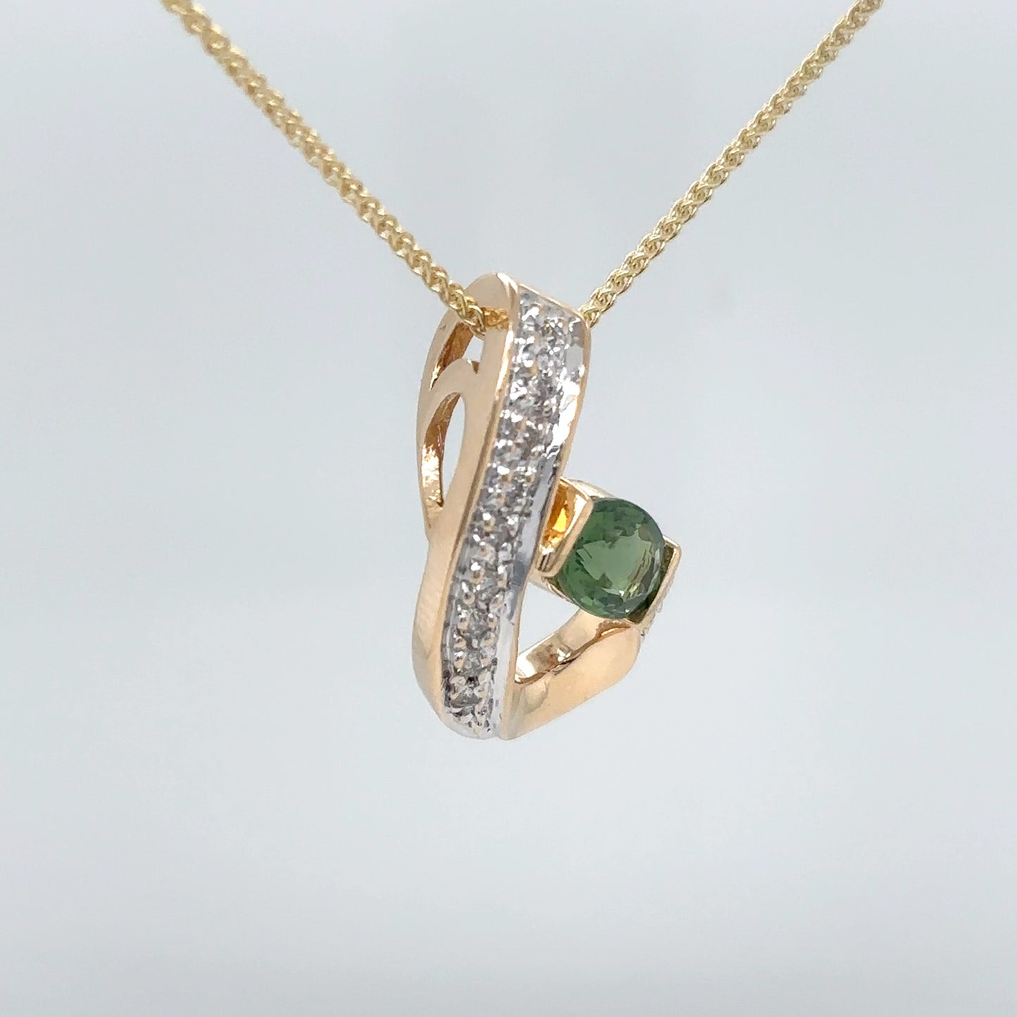 14KY 1.00CTW GREEN TOURMALINE-DIAMOND SLIDE PENDANT "AAA" SI/G-H 3.5G