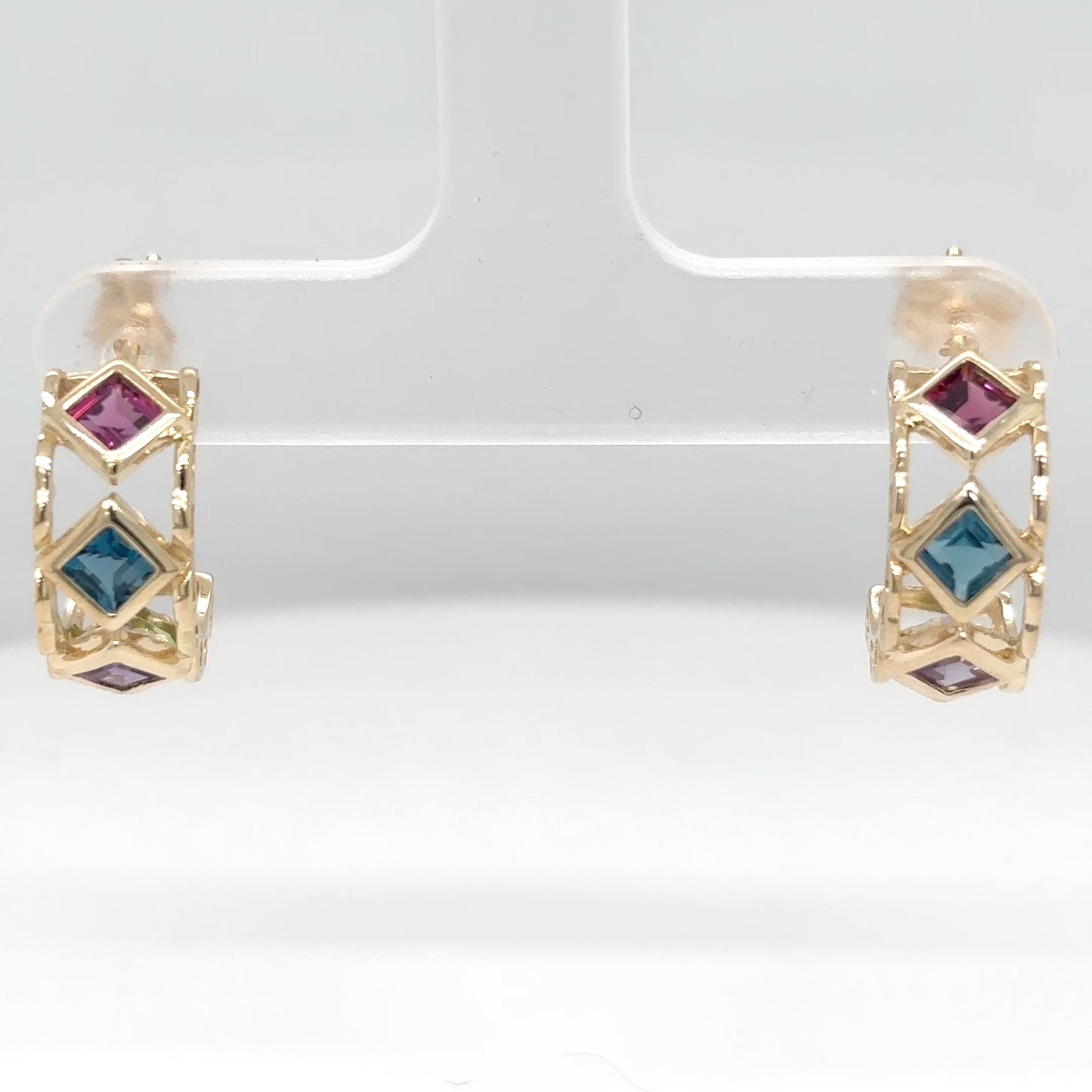 14KY 3MM GARNET-TOPZ-AMETHYST-PERIDOT HOOP EARRINGS 2.6G
