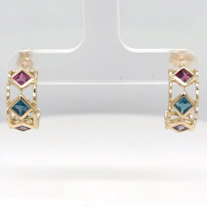 14KY 3MM GARNET-TOPZ-AMETHYST-PERIDOT HOOP EARRINGS 2.6G