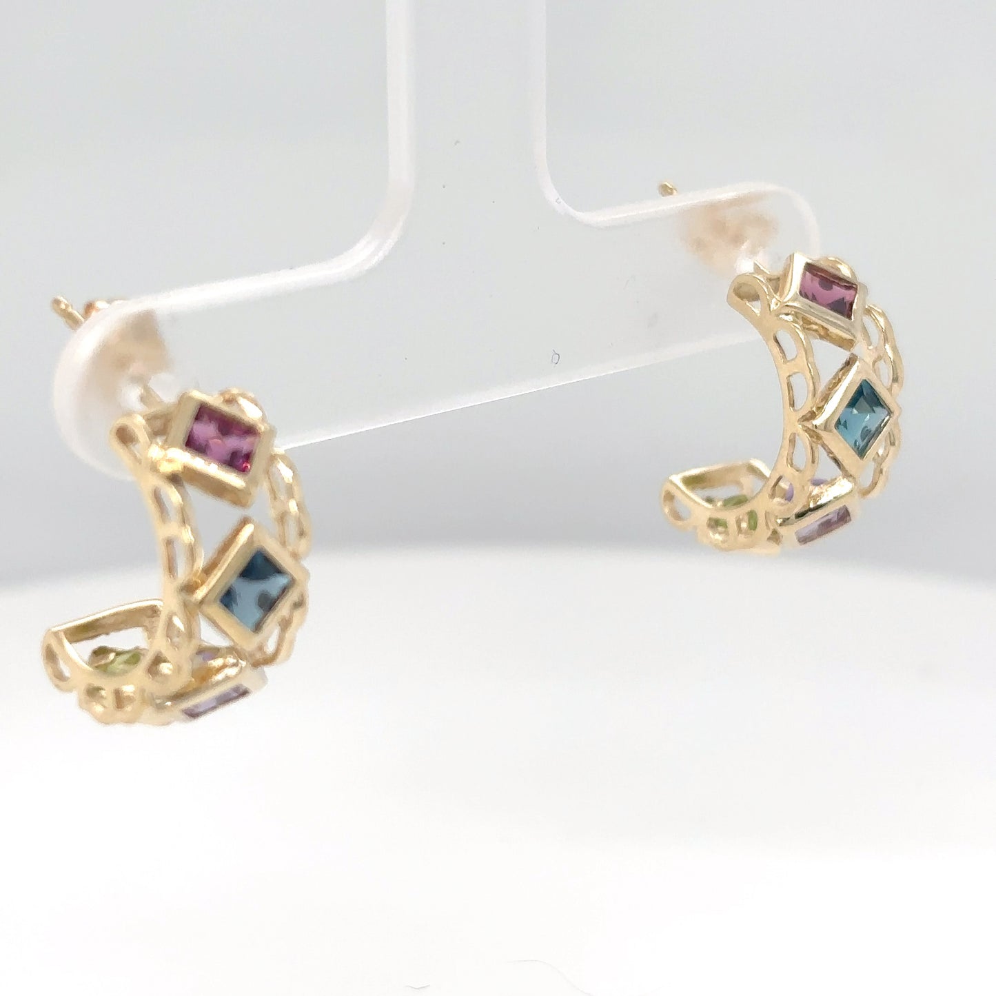 14KY 3MM GARNET-TOPZ-AMETHYST-PERIDOT HOOP EARRINGS 2.6G