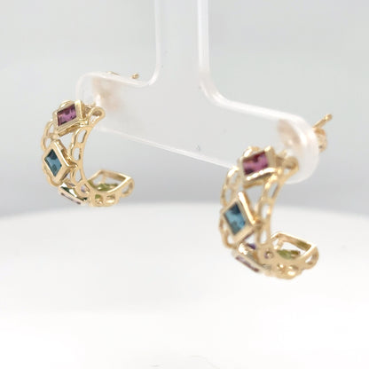 14KY 3MM GARNET-TOPZ-AMETHYST-PERIDOT HOOP EARRINGS 2.6G