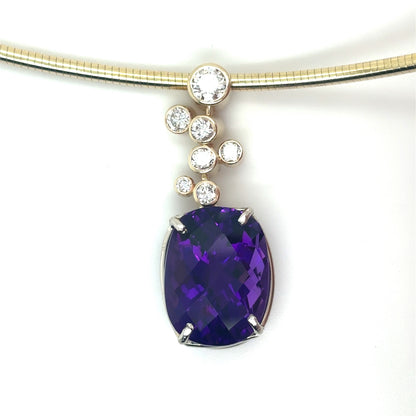 14KY 16" 2.0MM OMEGA 10.85CT AFRICAN AMETHYST-0.55CTW DIAMOND NECKLACE VS/F-G 16.5G