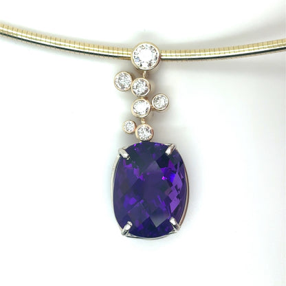 14KY 16" 2.0MM OMEGA 10.85CT AFRICAN AMETHYST-0.55CTW DIAMOND NECKLACE VS/F-G 16.5G