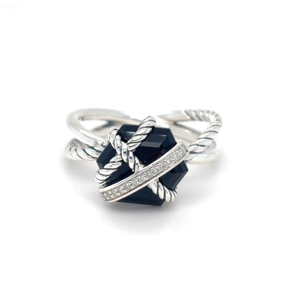 DAVID YURMAN STERLING SILVER ONYX-DIAMOND RING