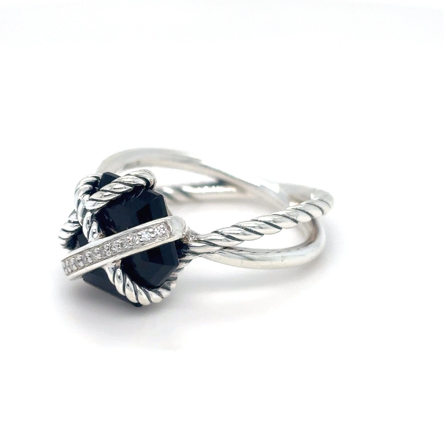 DAVID YURMAN STERLING SILVER ONYX-DIAMOND RING
