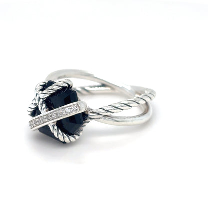 DAVID YURMAN STERLING SILVER ONYX-DIAMOND RING