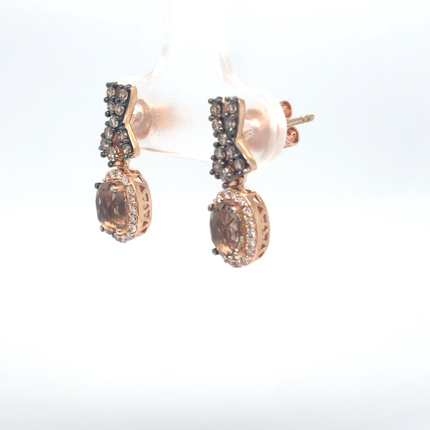 14KR LEVIAN 6X4MM OVAL SMOKEY QUARTZ-0.50CTW CHOCOLATE-WHITE DIAMOND HALO EARRINGS 2.8G