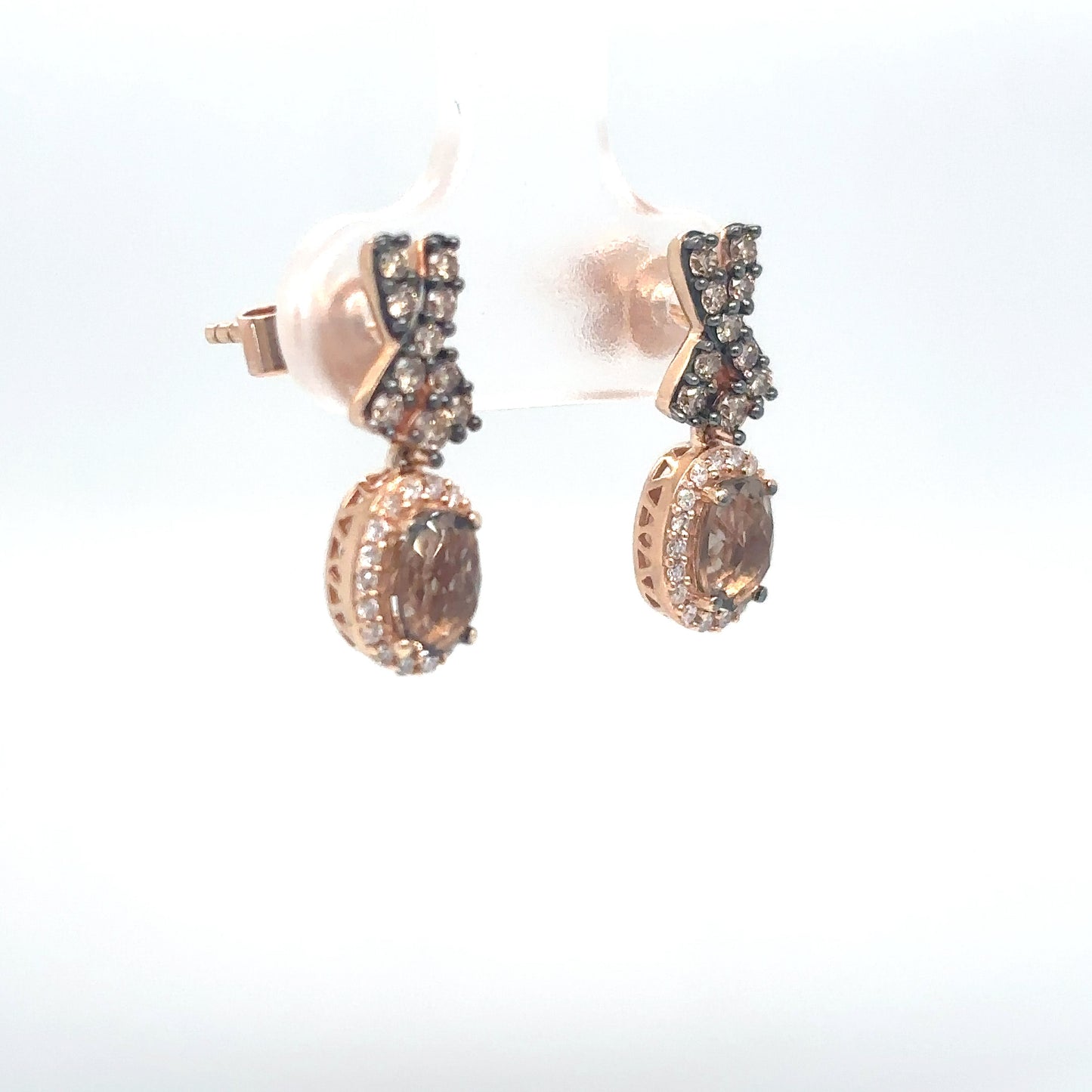 14KR LEVIAN 6X4MM OVAL SMOKEY QUARTZ-0.50CTW CHOCOLATE-WHITE DIAMOND HALO EARRINGS 2.8G