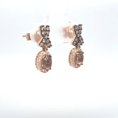 14KR LEVIAN 6X4MM OVAL SMOKEY QUARTZ-0.50CTW CHOCOLATE-WHITE DIAMOND HALO EARRINGS 2.8G