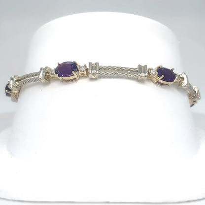 14KTT 7X5MM OVAL AMETHYST-0.25CT DIAMOND BRACELET "AAA" VS2/F-G 10.9G